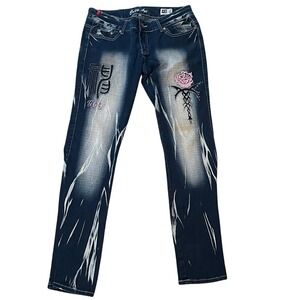 Crazy Age Y2K Embroidered Rose Tribal Rhinestone Dark Wash Jeans Size 42 32